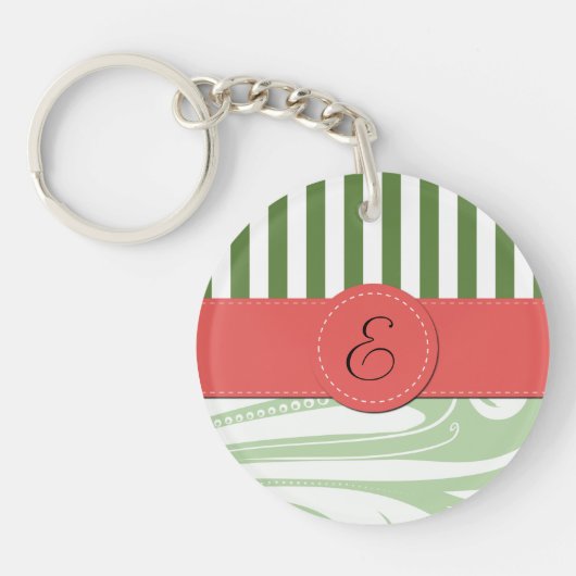 Green Damask, Green Stripes, Striped, Monogram Sleutelhanger (Voorkant)