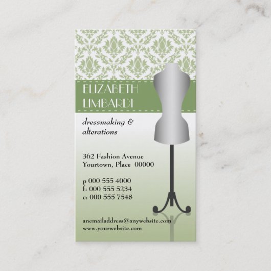 Green Damask Mode Dress Form Visitekaartje (Voorkant)