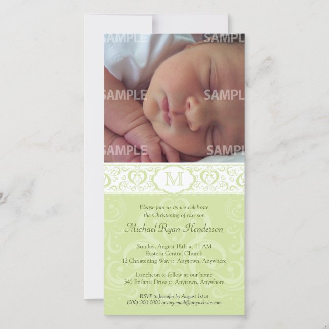 Green Damask Monogram Baptism/Christening (Voorkant)
