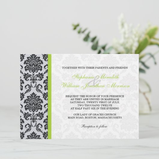 Green Damask Monogram Uitnodiging (Staand voorkant)
