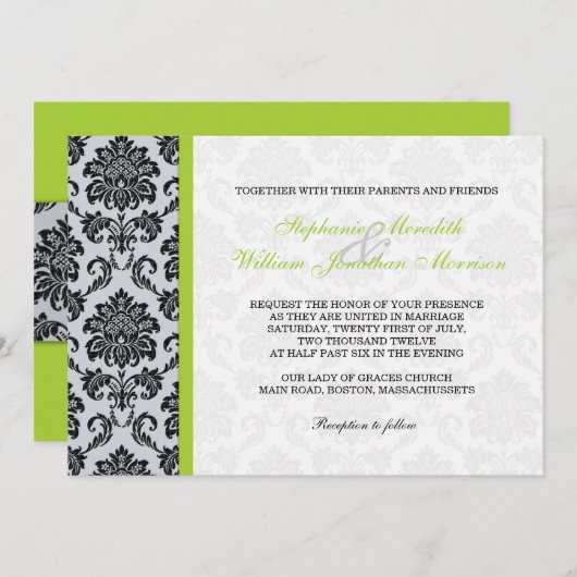 Green Damask Monogram Uitnodiging (Voorkant / Achterkant)