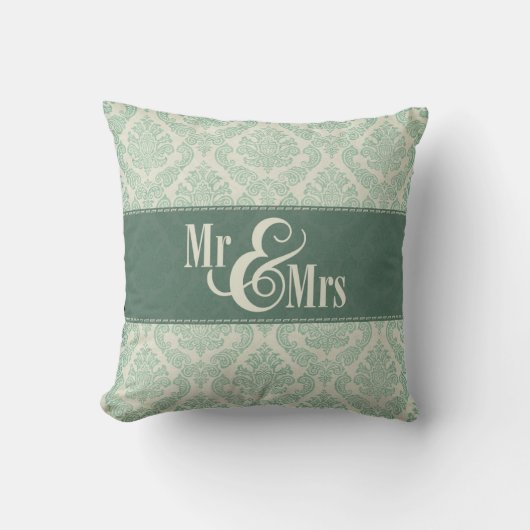 Green Damask "Mr & Mrs." kussen, gepersonaliseerd Kussen (Voorkant)