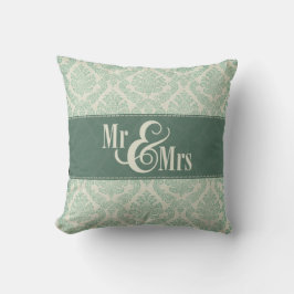 Green Damask "Mr & Mrs." kussen, gepersonaliseerd Kussen
