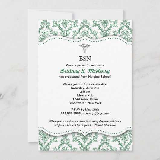 Green Damask Nurse afstuderen pinning nodigt uit Kaart (Voorkant)