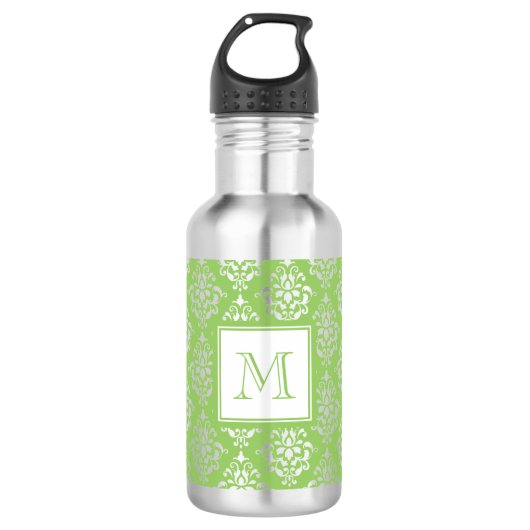Green Damask Patroon 1 met Monogram Waterfles (Voorkant)