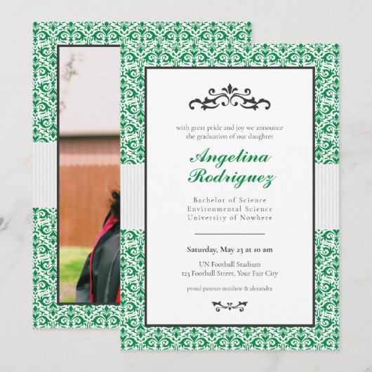Green Damask Pattern Foto Afstuderen Invitation Kaart (Voorkant / Achterkant)