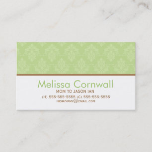 Green Damask Pattern Mam Calling Cards Contactkaartje