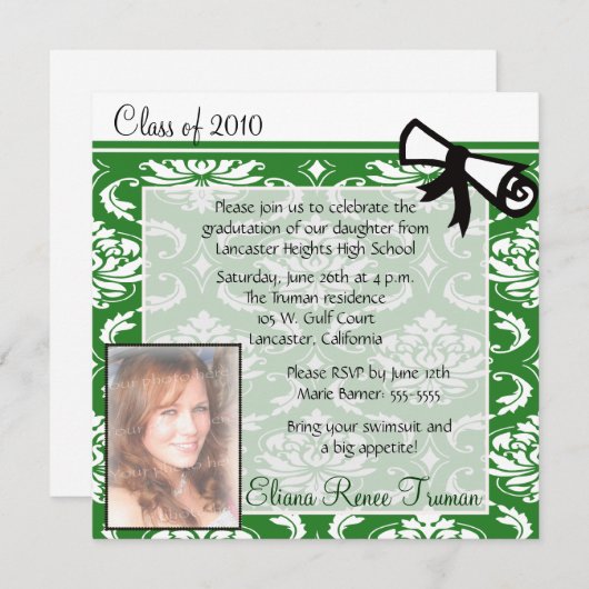 Green Damask Photo Afstuderen Invitation Kaart (Voorkant / Achterkant)