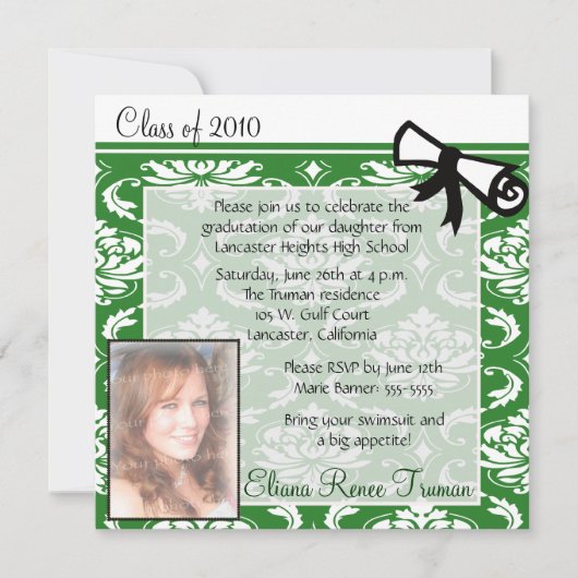 Green Damask Photo Afstuderen Invitation Kaart (Voorkant)