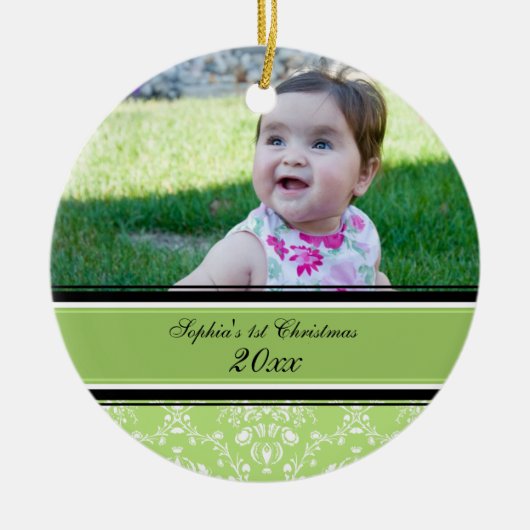 Green Damask Photo Baby's eerste kerstversiering Keramisch Ornament (Voorkant)