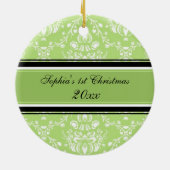 Green Damask Photo Baby's eerste kerstversiering Keramisch Ornament (Achterkant)