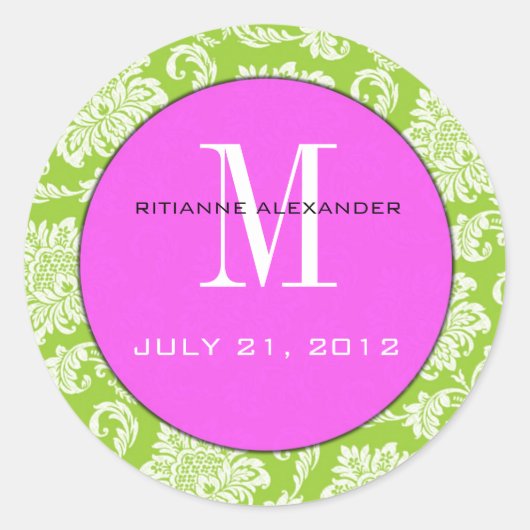 Green Damask Pink Monogram Wedding Sticker (Voorkant)