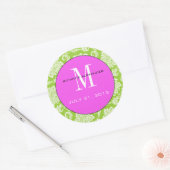 Green Damask Pink Monogram Wedding Sticker (Envelop)