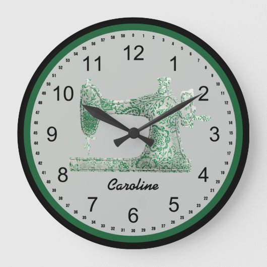 Green Damask Sewing Machine Wall Clock Grote Klok (Voorkant)