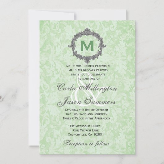 Green Damask Silver Lijst Monogram Weddenschap Kaart (Voorkant)