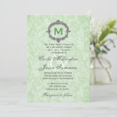 Green Damask Silver Lijst Monogram Weddenschap Kaart (Staand voorkant)