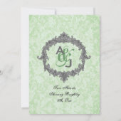 Green Damask Silver Lijst Monogram Weddenschap Kaart (Achterkant)