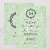 Green Damask Silver Lijst Monogram Weddenschap Kaart (Voorkant / Achterkant)