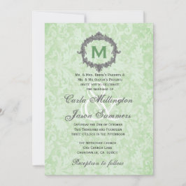 Green Damask Silver Lijst Monogram Weddenschap Kaart