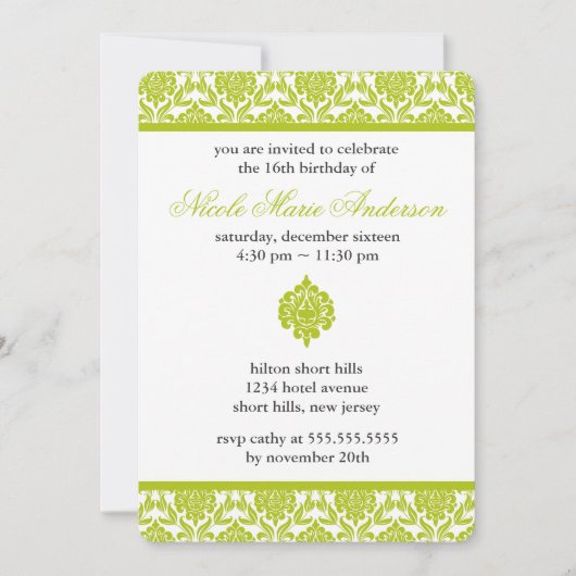 Green Damask Sweet Sixteen Birthday Kaart (Voorkant)