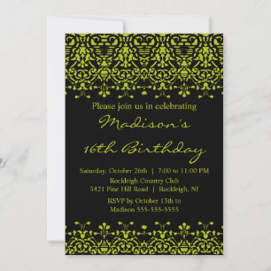 Green Damask Sweet Sixteen Birthday Uitnodiging