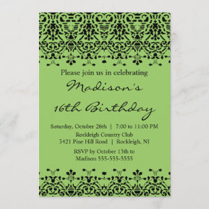 Green Damask Sweet Sixteen Birthday Uitnodiging