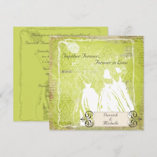 Green Damask Toss the Bouquet Wedding Invite Kaart (Voorkant / Achterkant)