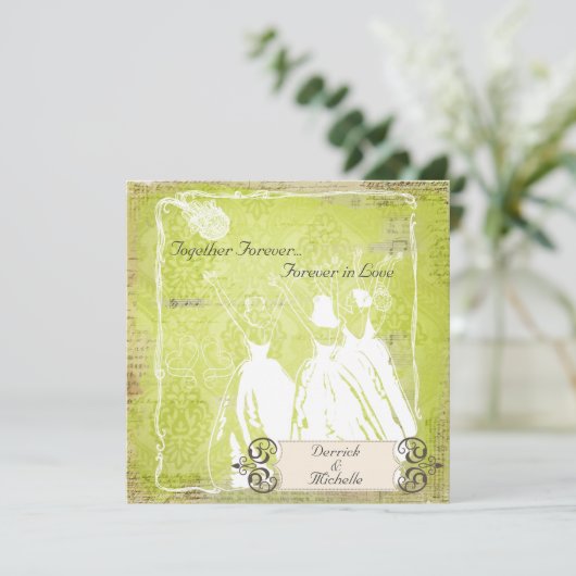Green Damask Toss the Bouquet Wedding Invite Kaart (Staand voorkant)