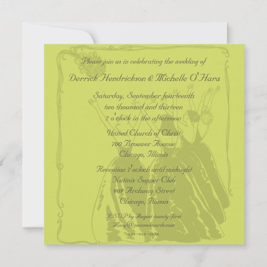 Green Damask Toss the Bouquet Wedding Invite Kaart (Achterkant)