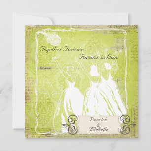 Green Damask Toss the Bouquet Wedding Invite Kaart