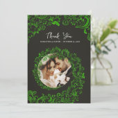 Green Damask Wedding Dank u fotokaart Bedankkaart (Staand voorkant)