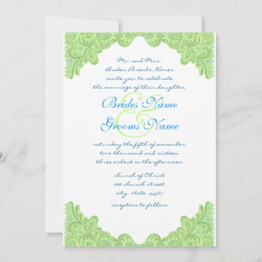 Green Damask Wedding Invitations Kaart (Achterkant)