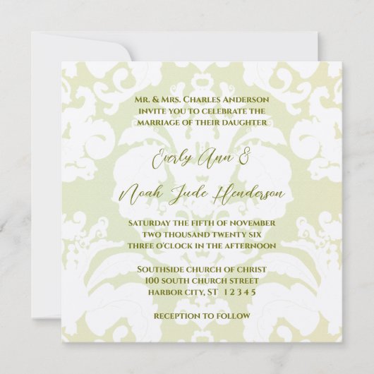 Green Damask Wedding Invitations Kaart (Voorkant)
