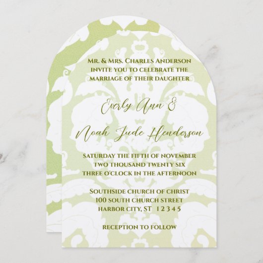 Green Damask Wedding Invitations Kaart (Voorkant / Achterkant)