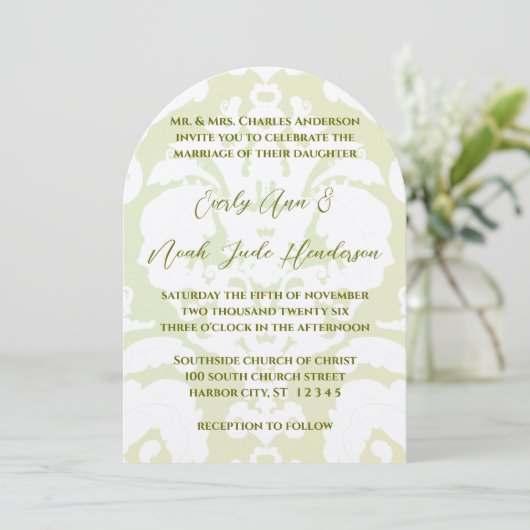 Green Damask Wedding Invitations Kaart (Staand voorkant)