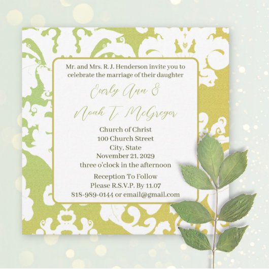 Green Damask Wedding Invitations Kaart
