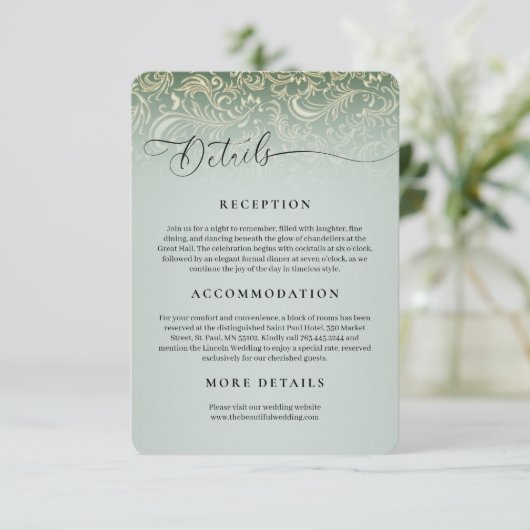 Green Damask Wedding Receptie Details Kaart (Staand voorkant)