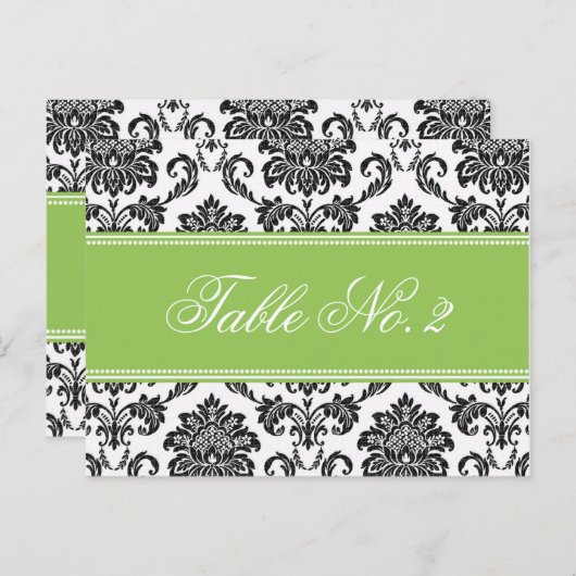 Green Damask Wedding Table Number Briefkaart (Voorkant / Achterkant)