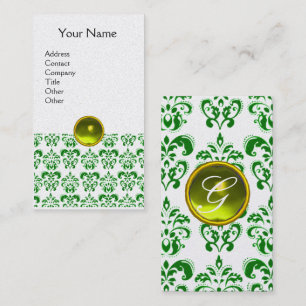 GREEN DAMASK YELLOW GEM MONOGRAM White Pearl Visitekaartje
