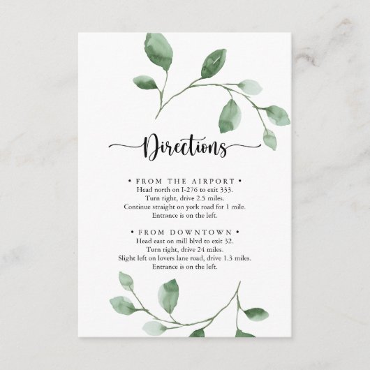 Green Delight Eucalyptus Bruiloft Routebeschrijvin Informatiekaartje (Voorkant)