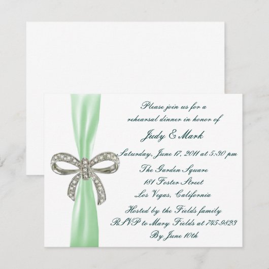 Green Diamond Bow Wedding Rehearsal Dinner Invite Kaart (Voorkant / Achterkant)