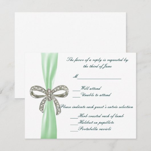 Green Diamond Bow Wedding Response Card RSVP Kaartje (Voorkant / Achterkant)