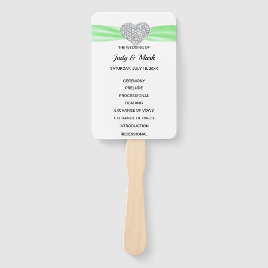 Green Diamond Heart Wedding Programme Handwaaier (Voorkant)