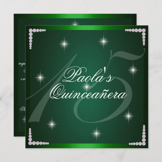 Green Diamond Sparkles Quinceañera uitnodiging (Voorkant / Achterkant)