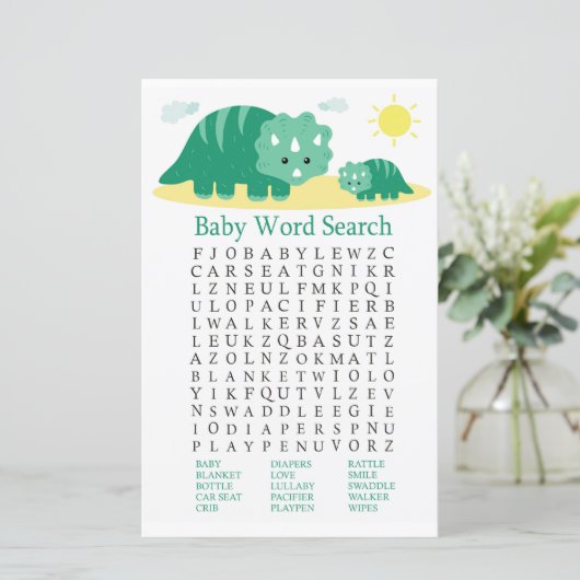 Green Dino Baby shower Word Search Game (Staand voorkant)