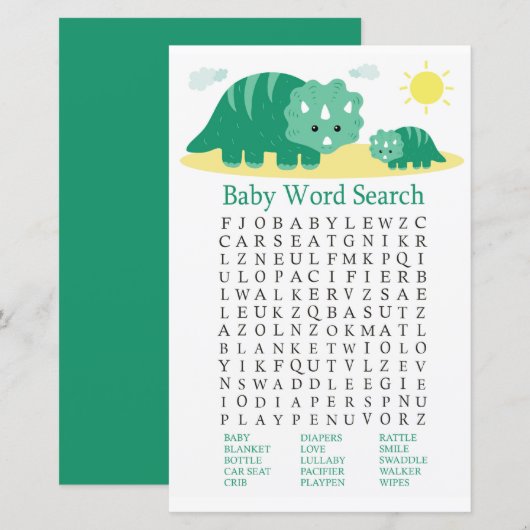 Green Dino Baby shower Word Search Game (Voorkant / Achterkant)