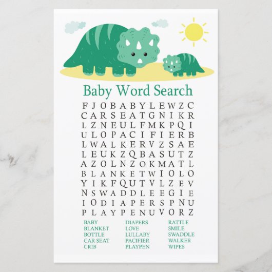 Green Dino Baby shower Word Search Game (Voorkant)