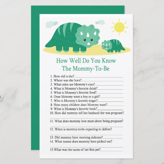 Green Dino Hoe goed ken je het baby shower spel? (Voorkant / Achterkant)