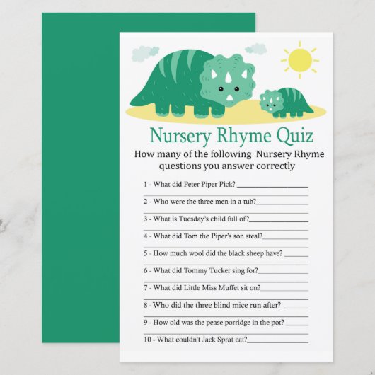 Green Dino Nursery Rhyme Quiz baby shower game (Voorkant / Achterkant)