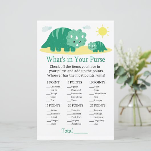 Green Dino Wat zit er in je baby shower met handta (Staand voorkant)